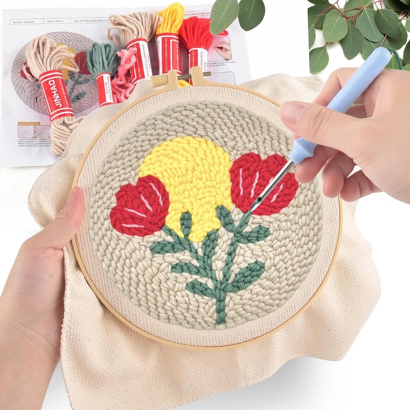 ERKOON Punch Needle Kit Adults Beginners, 2 Pcs DIY Easy Floral Embroidery Set for Starter Art Craft, Needling Punching Project with Patterns, Tools, Yarns, Hoop, Instruction (Rose) - Image 5